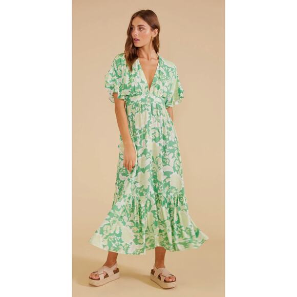 MINKPINK Dresses & Skirts - MinkPink Short Sleeve Felecia Button Midi Dress Floral Womens Medium New Green